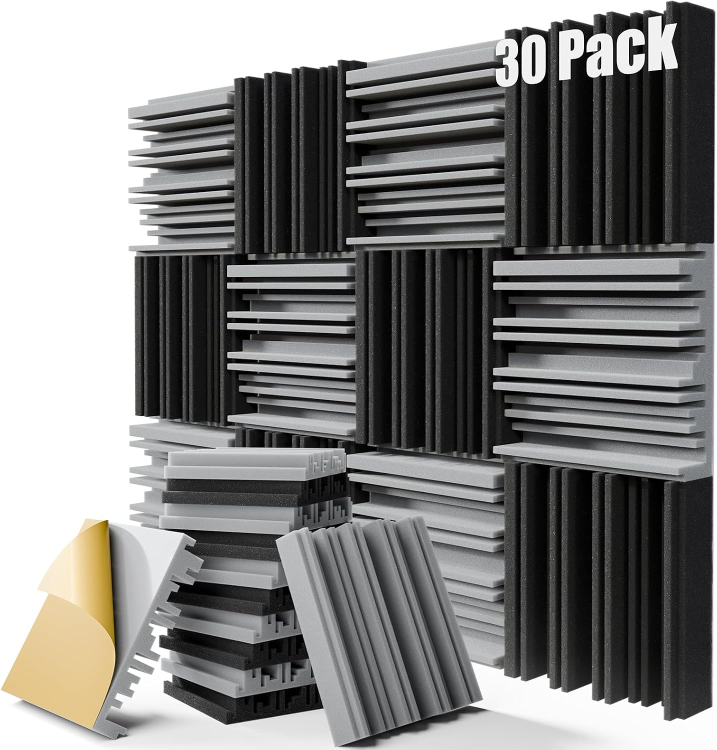 30-Pack Sound Proof Foam Panels,12" X 12" X 2" Self-Adhesive Acoustic Panels with High Density,Decorative Soundproof Wall Panels Sound Absorbing Foam for Wall and Ceiling (Black+Gray)